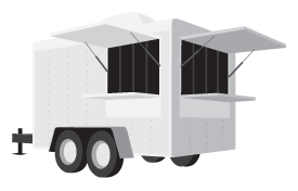 Concession/Vending trailers are towable, fully enclosed trailers with several gull-wing doors to provide easy communication and order taking from your vending or concession stand customers. This trailer usually has refrigeration and cooking equipment.