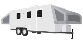 A hard-sided recreational trailer with pop out canvas sections in the front and rear. These trailers are similar in design to Pop Up Trailers.
